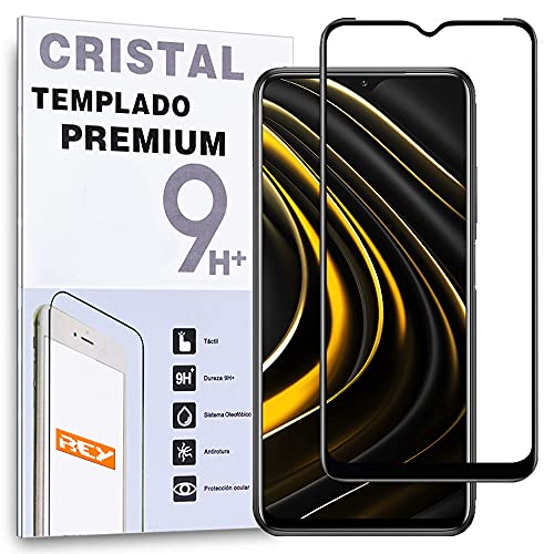 REY Protector de Pantalla Curvo para Poco M3, Negro, Cristal Vidrio Templado Premium, 3D / 4D / 5D, Anti Roturas