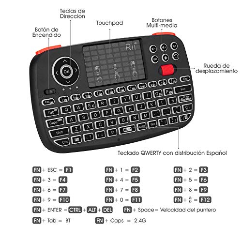 Rii i4 Mini Bluetooth Teclado inalámbrico retroiluminado, 2 en 1 (Bluetooth & Wireless 2.4 GHz), QWERTY español, para iOS, Android,Windows