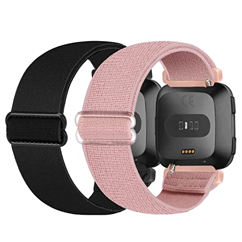 RockloookY 2Piezas correas de nailon elásticas compatibles con Fitbit Versa/Fitbit Versa 2/Fitbit Versa Lite, correa de repuesto deportiva suave para mujeres y hombres(rosa/negro)