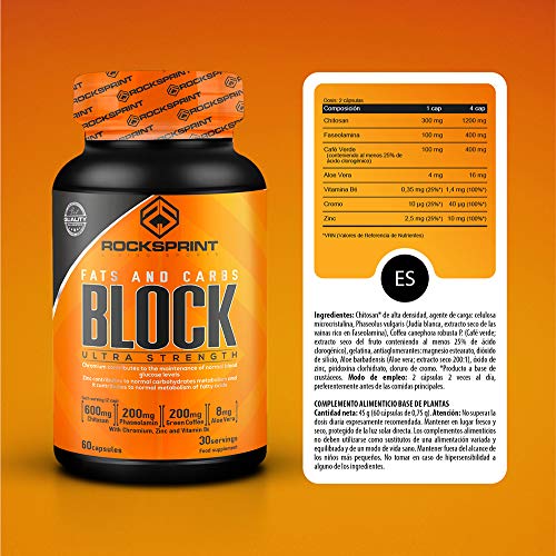 ROCKSPRINT | BLOQUEADOR DE GRASAS y CARBOHIDRATOS | Descuidos Alimenticios | Chitosan y Faseolamina | Block Fats & Carbs | 60 caps