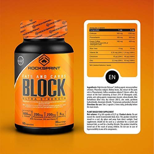 ROCKSPRINT | BLOQUEADOR DE GRASAS y CARBOHIDRATOS | Descuidos Alimenticios | Chitosan y Faseolamina | Block Fats & Carbs | 60 caps