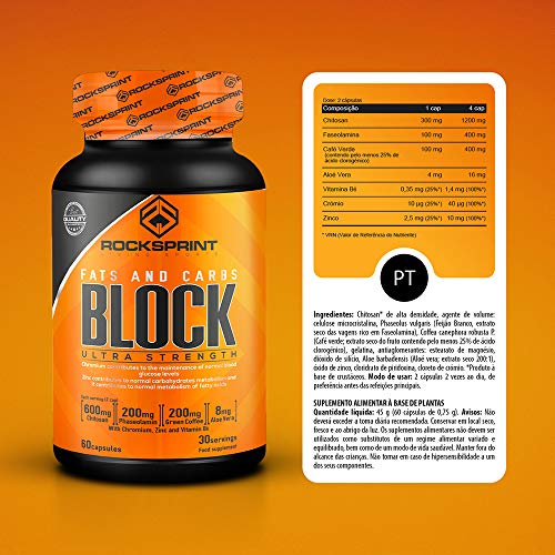 ROCKSPRINT | BLOQUEADOR DE GRASAS y CARBOHIDRATOS | Descuidos Alimenticios | Chitosan y Faseolamina | Block Fats & Carbs | 60 caps