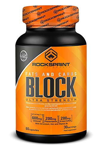 ROCKSPRINT | BLOQUEADOR DE GRASAS y CARBOHIDRATOS | Descuidos Alimenticios | Chitosan y Faseolamina | Block Fats & Carbs | 60 caps