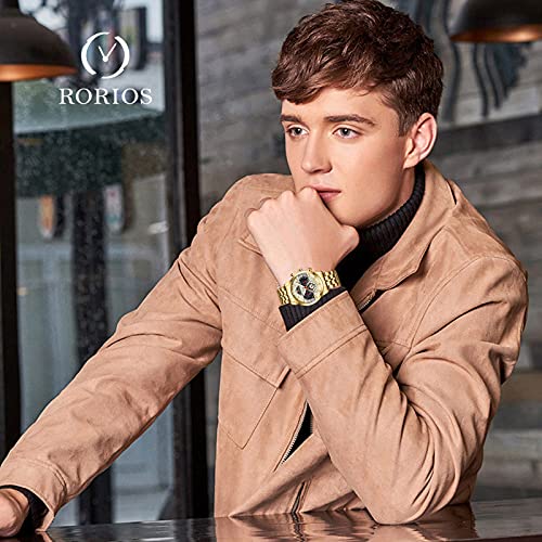 RORIOS Hombre Relojes Impermeable Cronografo Analógico Cuarzo Reloj con Correa de Acero Inoxidable Luminoso Moda Deportivo Relojes de Pulsera para Hombre