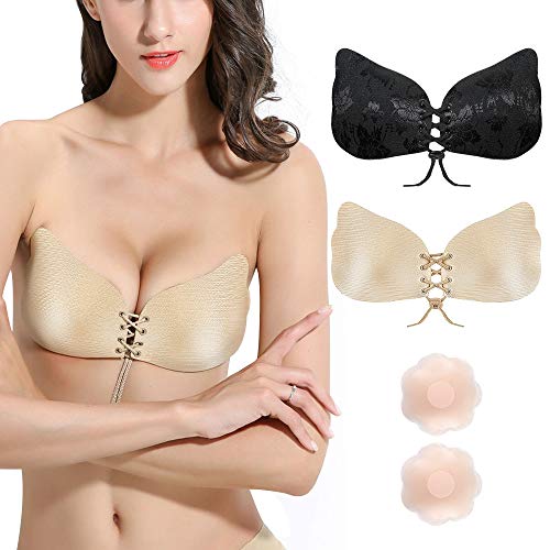 Rovtop 3PCS Sujetador Invisible Adhesivo para Mujer - Sin Tirantes Invisibles, Sexy y Reutilizable, 1PCS Sujetador Ajustable Negro, 1PCS Sujetador Ajustable Seda, 1 Par de Pezones de Flor (70C)