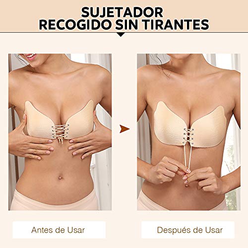 Rovtop 3PCS Sujetador Invisible Adhesivo para Mujer - Sin Tirantes Invisibles, Sexy y Reutilizable, 1PCS Sujetador Ajustable Negro, 1PCS Sujetador Ajustable Seda, 1 Par de Pezones de Flor (70C)