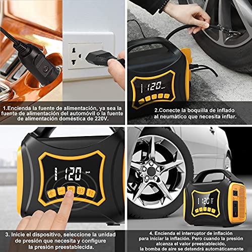 Rovtop Inflador Ruedas Coche, Compresor Aire Coche de Doble Potencia de 220v, Compresor Aire Portatil de Aire Portátil Adecuado para Automóviles, Bicicletas, Automóviles y SUV de Tamaño Mediano.