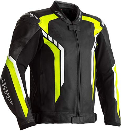 RST Axis CE Hombres Negro, FLO Amarillo, Blanco Chaqueta De Moto De Cuero EU 56