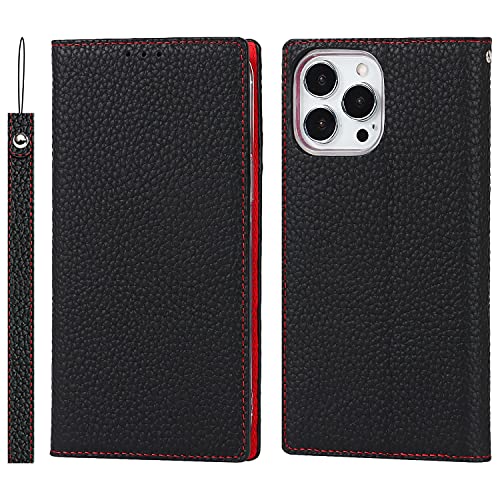 SailorTech Litchi Grain - Funda tipo libro para iPhone 13 Pro, piel auténtica, con ranuras para tarjetas, cierre magnético, función atril, color negro