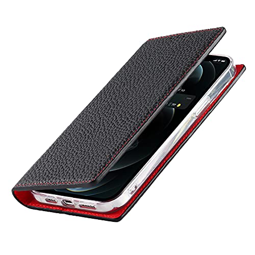 SailorTech Litchi Grain - Funda tipo libro para iPhone 13 Pro, piel auténtica, con ranuras para tarjetas, cierre magnético, función atril, color negro