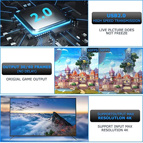 Salley Capturadora de Video HDMI, 4K HDMI a USB 3.0 Convertidor Video, Audio Capture Record a DSLR Action CAM, HDMI Vídeo Game Capture 1080P 60FPS para Edite Video/Juego/Transmisión (Black)