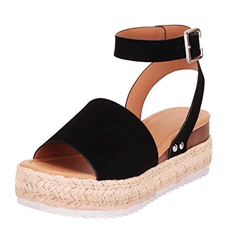 Sandalias Mujer Verano 2019 cáñamo Fondo Grueso Sandalias Punta Abierta Cuero Fondo Plano Zapatos Bohemias Romanas Hebilla Zapatillas Gris 35-43 riou