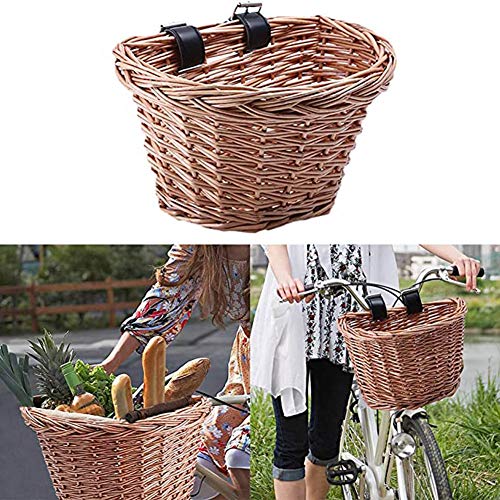 Sansund - Cesta de mimbre para bicicleta en forma de D, cesta de la compra con correas de cuero, resistente cesta de almacenamiento para bicicleta, tamaño Large