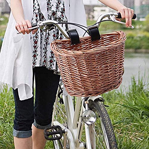Sansund - Cesta de mimbre para bicicleta en forma de D, cesta de la compra con correas de cuero, resistente cesta de almacenamiento para bicicleta, tamaño Large