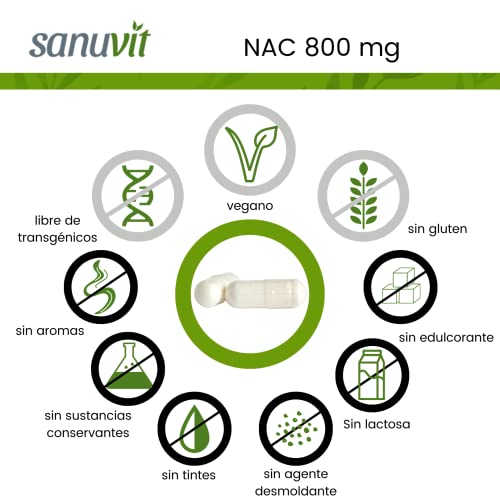 Sanuvit® - NAC 800 mg por cápsula | Dosis alta | N-acetil-L-cisteína | Alta biodisponibilidad y tolerancia | Vegano | 180 cápsulas