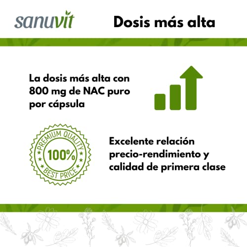 Sanuvit® - NAC 800 mg por cápsula | Dosis alta | N-acetil-L-cisteína | Alta biodisponibilidad y tolerancia | Vegano | 180 cápsulas