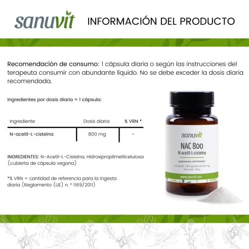 Sanuvit® - NAC 800 mg por cápsula | Dosis alta | N-acetil-L-cisteína | Alta biodisponibilidad y tolerancia | Vegano | 180 cápsulas