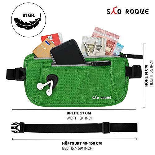 SAO ROQUE Cinturón de Viaje I Mujer Hombre Bolsa de Cintura I Riñonera Bolsa con RFID Bloqueo I Delgada, Impermeable I Billetera Antirrobo (Verde)