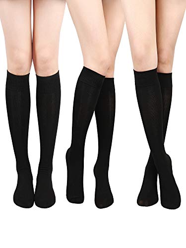 SATINIOR Calcetines Altos de Rodilla de Algodón Calctines Altos de Punto Sólido Casuales Calcetines de Botas para Mujers(Negro, 3 Pares)