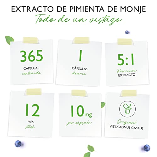 Sauzgatillo (Vitex Agnus Castus) - Extracto 5:1 altamente dosificado - 365 cápsulas veganas- 10mg Extracto puro de Sauzgatillo por cápsula