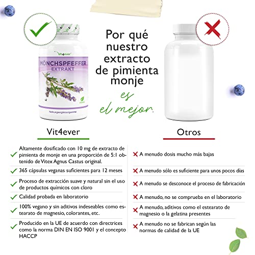 Sauzgatillo (Vitex Agnus Castus) - Extracto 5:1 altamente dosificado - 365 cápsulas veganas- 10mg Extracto puro de Sauzgatillo por cápsula