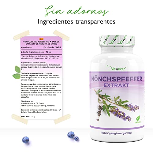 Sauzgatillo (Vitex Agnus Castus) - Extracto 5:1 altamente dosificado - 365 cápsulas veganas- 10mg Extracto puro de Sauzgatillo por cápsula