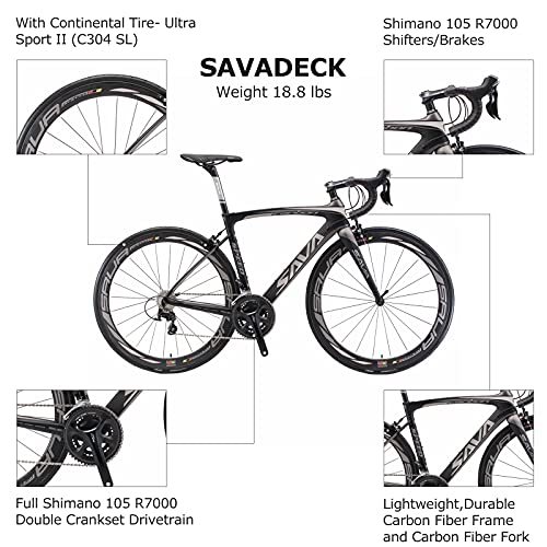 SAVADECK HERD6.0 700C Bicicleta de Carretera de Fibra de Carbono Shimano 105 R7000 22S Sistema de transmisión Michelin Neumático Fizi:k Sillín (Negro Gris, 52)