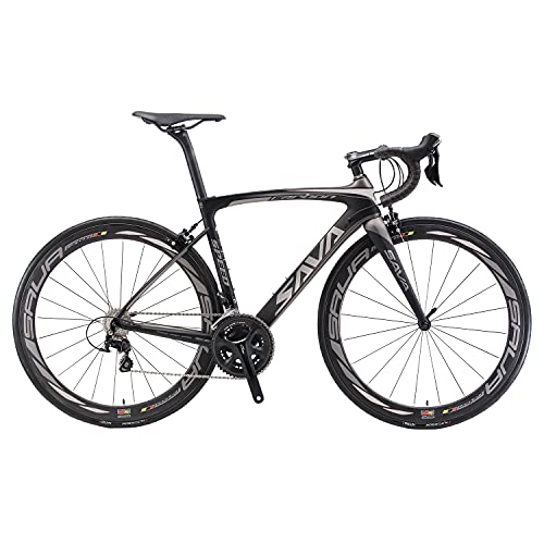 SAVADECK HERD6.0 700C Bicicleta de Carretera de Fibra de Carbono Shimano 105 R7000 22S Sistema de transmisión Michelin Neumático Fizi:k Sillín (Negro Gris, 52)