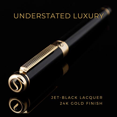 Scriveiner Pluma Estilográfica Negra con Detalles de Oro de 24k y 18K para una Caligrafía Suave y Elegante, Plumilla (Ancha) y Convertidor Instalado Schmidt, Incluye Dos Cartuchos de Tinta