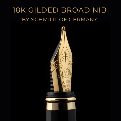 Scriveiner Pluma Estilográfica Negra con Detalles de Oro de 24k y 18K para una Caligrafía Suave y Elegante, Plumilla (Ancha) y Convertidor Instalado Schmidt, Incluye Dos Cartuchos de Tinta