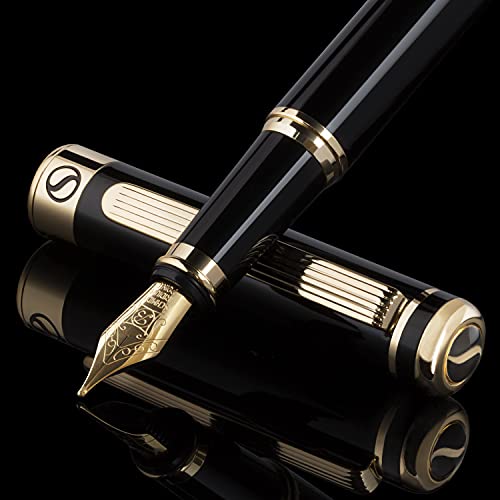 Scriveiner Pluma Estilográfica Negra con Detalles de Oro de 24k y 18K para una Caligrafía Suave y Elegante, Plumilla (Ancha) y Convertidor Instalado Schmidt, Incluye Dos Cartuchos de Tinta