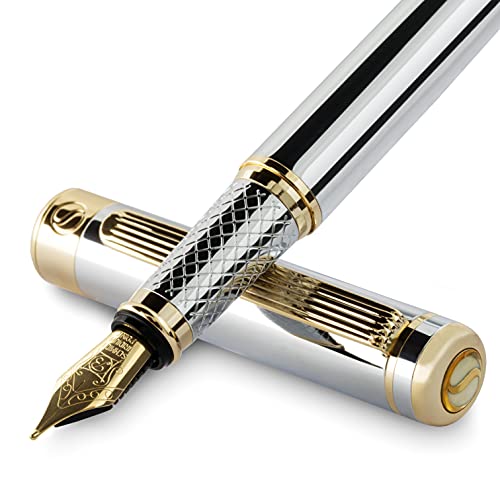 Scriveiner Pluma Estilográfica Plateada con Detalles de Oro de 24k y 18K para una Caligrafía Suave y Elegante, Plumilla (Ancha) y Convertidor Instalado Schmidt, Dos Cartuchos de Tinta, Azul y Negro