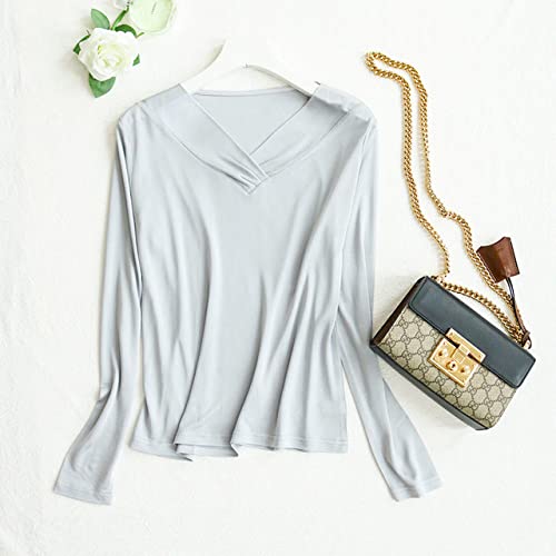 SDCVRE Ropa Interior térmica Autumn and Winter Silk Long Sleeve V-Neck Bottomed Shirt with Mulberry Silk  Top Long Sleeve,Gray,L