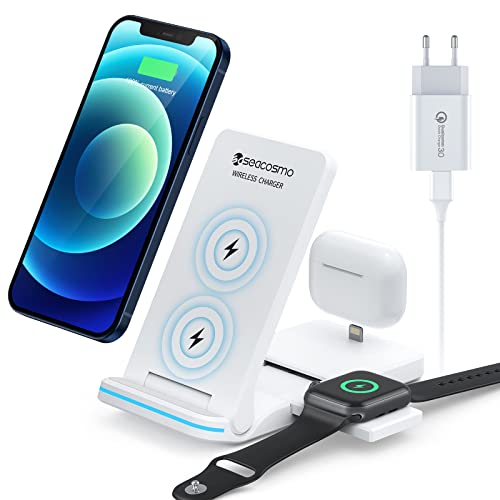 seacsomo Cargador Inalámbrico 3 en 1 Compatible con iPhone(7.5W) y QI móvil Samsung/Huawei(15W), Solo para iWatch(2.5W) y Airpods Pro/2/1(2.0W), Base de Cargador inductiva [con Adaptador QC 3.0]