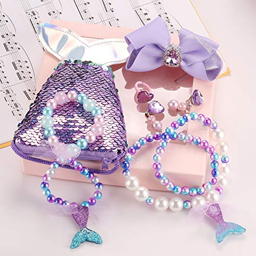 Seatecks 7Pcs Nuevo Joyería para Niñas Conjunto de Collar Lindo Sequin Mermaid Pulsera Anillo Pendientes Clips para el Cabello Set Favores de Fiesta Regalo para Niñas Princesa Vestirse-Púrpura