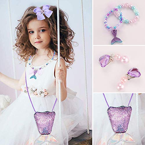 Seatecks 7Pcs Nuevo Joyería para Niñas Conjunto de Collar Lindo Sequin Mermaid Pulsera Anillo Pendientes Clips para el Cabello Set Favores de Fiesta Regalo para Niñas Princesa Vestirse-Púrpura