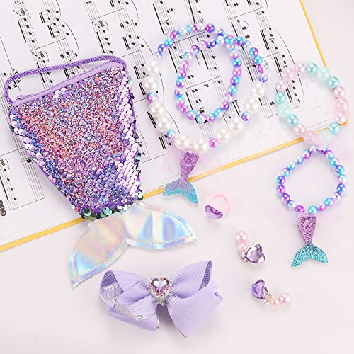 Seatecks 7Pcs Nuevo Joyería para Niñas Conjunto de Collar Lindo Sequin Mermaid Pulsera Anillo Pendientes Clips para el Cabello Set Favores de Fiesta Regalo para Niñas Princesa Vestirse-Púrpura