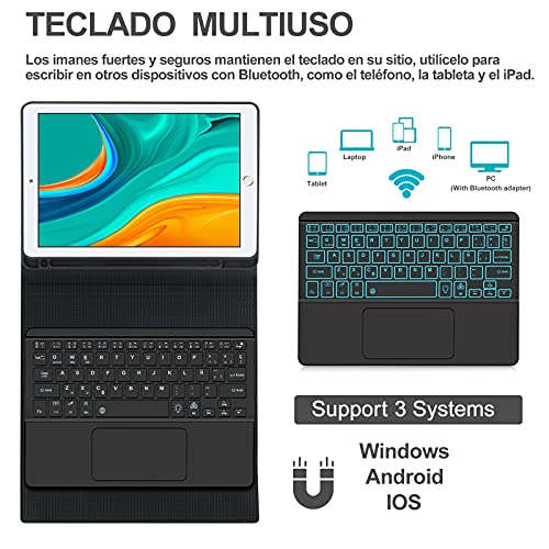 SENGBIRCH Teclado Funda para iPad 9.7, Teclado Touchpad Español Ñ Bluetooth Retroiluminada para iPad Air 2/Air/9.7 2018/9.7 2017/Pro 9.7 con Smart Slim Cover, Nergo