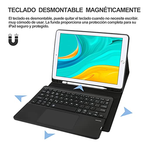 SENGBIRCH Teclado Funda para iPad 9.7, Teclado Touchpad Español Ñ Bluetooth Retroiluminada para iPad Air 2/Air/9.7 2018/9.7 2017/Pro 9.7 con Smart Slim Cover, Nergo