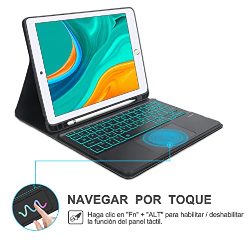 SENGBIRCH Teclado Funda para iPad 9.7, Teclado Touchpad Español Ñ Bluetooth Retroiluminada para iPad Air 2/Air/9.7 2018/9.7 2017/Pro 9.7 con Smart Slim Cover, Nergo