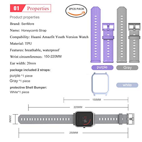 SenMore Correa para Amazfit Bip Younth - 20mm Silicona Pulsera Impermeable Correas de Repuesto para Galaxy Watch 42mm, Gear S2 Classic, Huami Amazfit Bip (20MM, 2PCS Sport M)