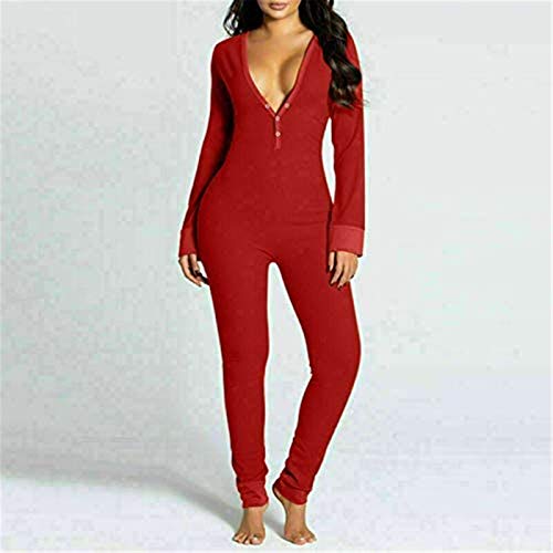 Sexy Pijama Mujer Mono señora Pijama Traje Trasero Trasero Trasero Abierto Culo Loungewear, Manga Larga Funcional Mono con Solapa Abotonada (M,D)