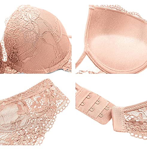 SHEKINI Conjuntos de Lencería y Ropa Interior Push Up de Encaje para Mujer Lencería con Escote en V Bralette Hebillas Trasera Sujetador Ajustable con Aros y Braga Sexy