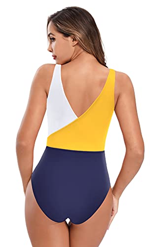 SHEKINI Mujer Traje de Baño de una Pieza Cuello de V Elegante Bikini Sport Chic Delgado Ajustable Bañador Bikini de Playa de Verano Swimwear (Azul Oscuro, XL)