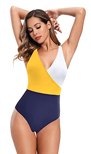 SHEKINI Mujer Traje de Baño de una Pieza Cuello de V Elegante Bikini Sport Chic Delgado Ajustable Bañador Bikini de Playa de Verano Swimwear (Azul Oscuro, XL)