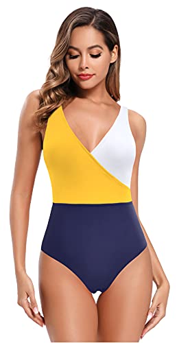 SHEKINI Mujer Traje de Baño de una Pieza Cuello de V Elegante Bikini Sport Chic Delgado Ajustable Bañador Bikini de Playa de Verano Swimwear (Azul Oscuro, XL)