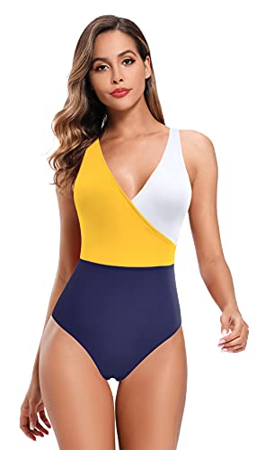 SHEKINI Mujer Traje de Baño de una Pieza Cuello de V Elegante Bikini Sport Chic Delgado Ajustable Bañador Bikini de Playa de Verano Swimwear (Azul Oscuro, XL)