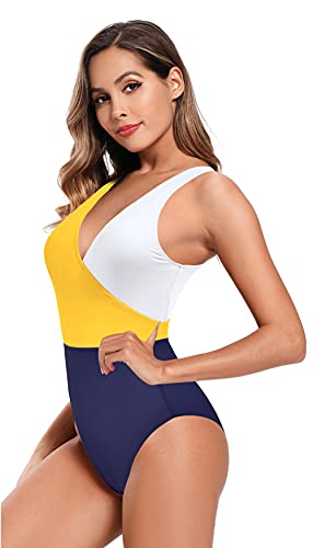 SHEKINI Mujer Traje de Baño de una Pieza Cuello de V Elegante Bikini Sport Chic Delgado Ajustable Bañador Bikini de Playa de Verano Swimwear (Azul Oscuro, XL)