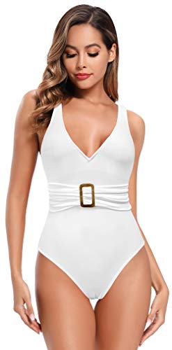 SHEKINI Traje De BañO De Una Pieza para Mujer Traje De BañO Monokini con Escote En V Profundo Vientre con Traje De Correa Ancha (Blanco, XL)