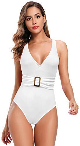 SHEKINI Traje De BañO De Una Pieza para Mujer Traje De BañO Monokini con Escote En V Profundo Vientre con Traje De Correa Ancha (Blanco, XL)